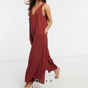 ASOS DESIGN V-Neck Minimal Smock Jumpsuit in Burgundy (with pockets!)